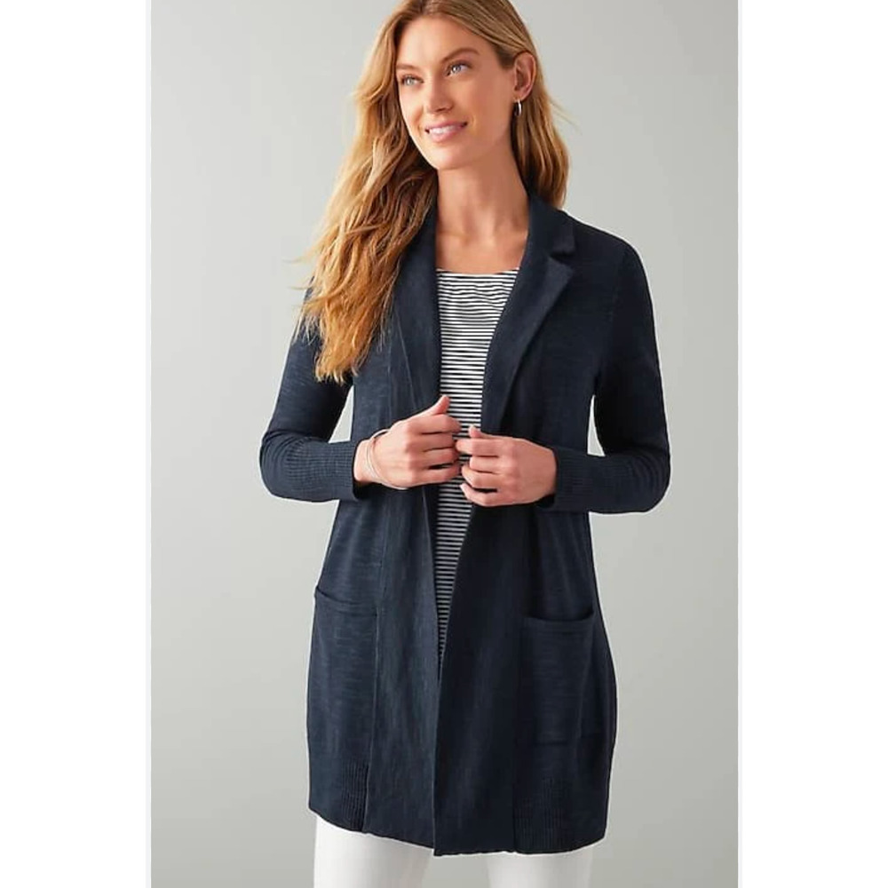 J Jill Long Sweater Cardigan Duster Button Front V-Neck Wool Blend Blue Size M